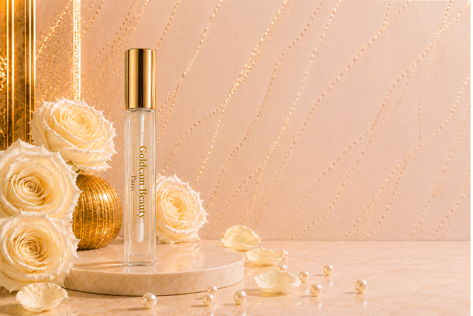 Lip Gloss Transparent — flacon transparent Goldcam Beauty Paris sur socle de roses blanches et perles