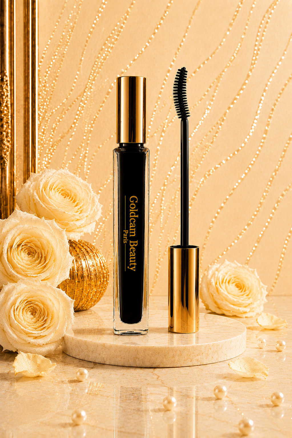 Mascara Noir Goldcam Beauty Paris sur socle ivoire et roses blanches